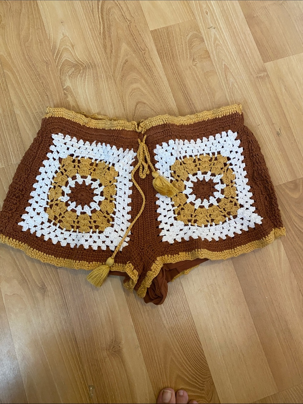 Zara Crochet Square-Panel Shorts in Brown & Mustard